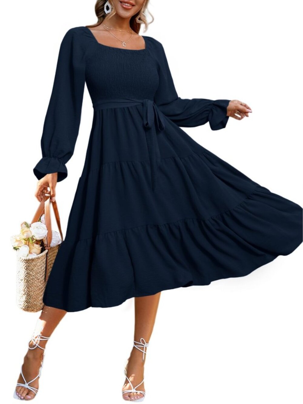 Womens Long Sleeve Maxi Dress Casual Square Neck Smocked Flowy Fall Wedding